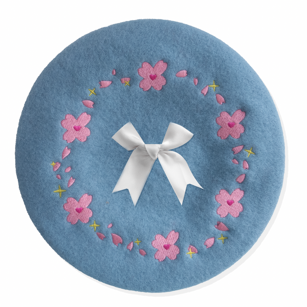 Sakura Cherry Blossom Embroidered Beret - Powder Blue